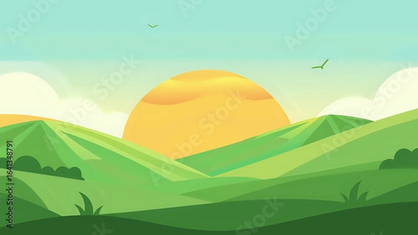 Fototapeta landscape with mountains, landscape of soft rolling green hills with golden sunrise, birds flying in the distance, minimal flat style illustration