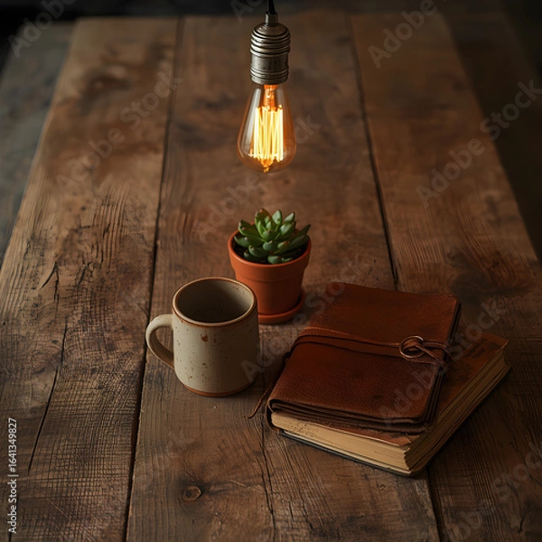 Fototapeta A reclaimed wood dining table with a single ceramic mug, a small succulent in a terracotta pot, and a worn leather-bound journal. The table is lit by the soft glow of a hanging  bulb
