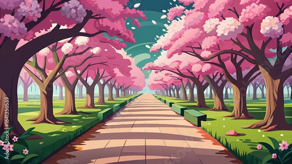 Fototapeta spring in the park, Vector scene of a garden path lined with pink cherry blossom trees in full bloom illustration