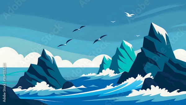 Fototapeta winter mountain landscape, Vector scene of ocean waves hitting jagged rocks with seagulls flying overhead illustration