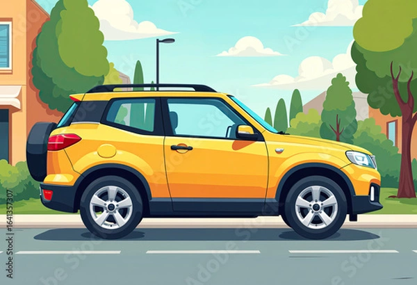 Fototapeta A bright yellow sport utility vehicle is parked on a quiet suburban street under a sunny sky with green trees and houses in the background.