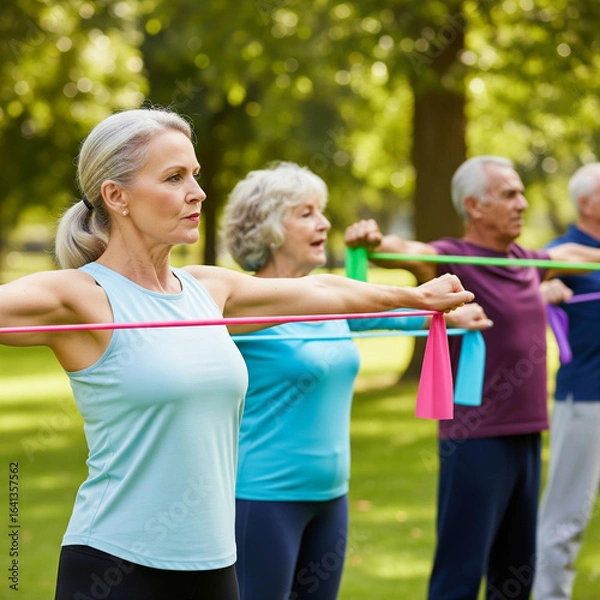 Fototapeta Group Fitness Exercise with Resistance Bands in the Park