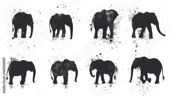 Fototapeta Grunge Silhouette Collection: Artistic Elephant Herd in Textured Vector Style