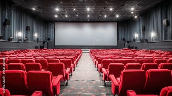 Fototapeta Empty Movie Theater Auditorium with Red Seats and Large Screen, Ready for Entertainment
