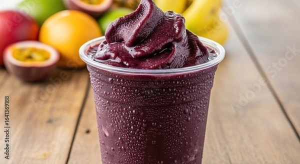 Fototapeta Refreshing acai sorbet in a plastic cup with a perfect swirl, surrounded by fresh passion fruit, bananas and other tropical fruits on a rustic wooden table.

