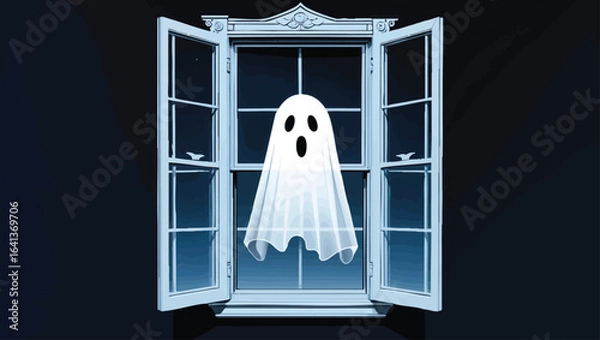 Fototapeta Ghostly Visit: Spooky Spirit Floating Through an Open Window at Night