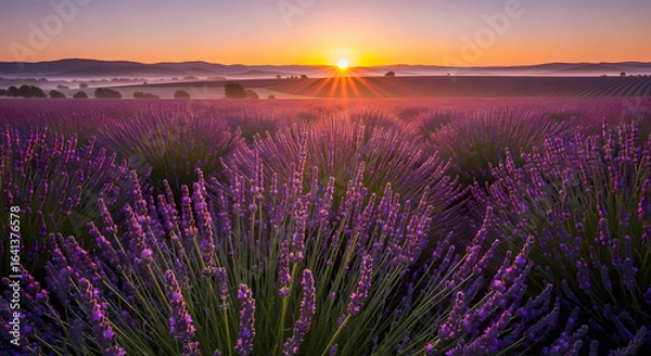 Fototapeta Lavender field at sunrise with golden light and rolling hills