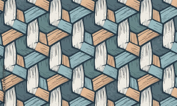 Obraz Abstract geometric tessellation seamless pattern, Hand-drawn rustic woodblock texture