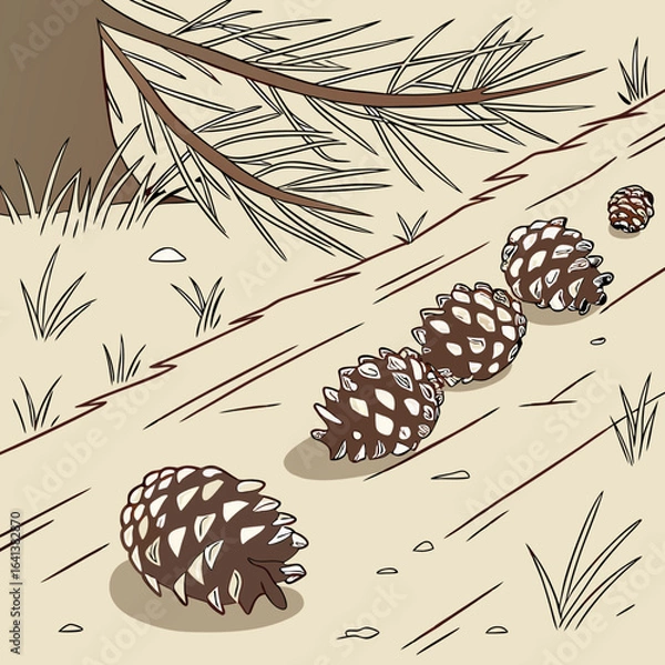 Obraz Pine cones on the forest floor with pine needles and grass illustration