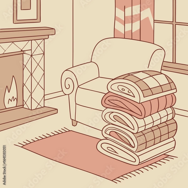 Obraz Cozy Living Room Illustration with Fireplace Armchair and Stack of Blankets