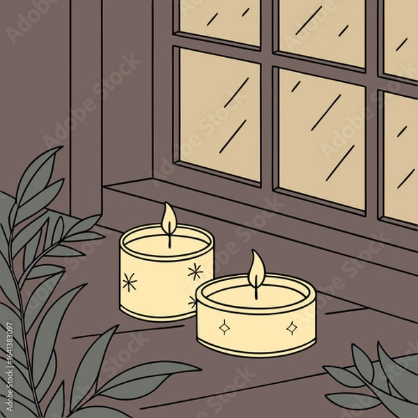 Obraz Cozy Evening Scene with Candles Window and Plant Illustration