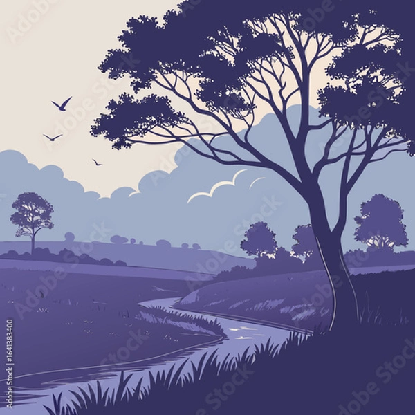 Obraz Serene Landscape with River Tree Birds and Clouds in a Minimalist Style