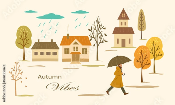 Fototapeta Autumn Landscape Illustration With Houses, Trees, Walking Man With Umbrella and Copy Space