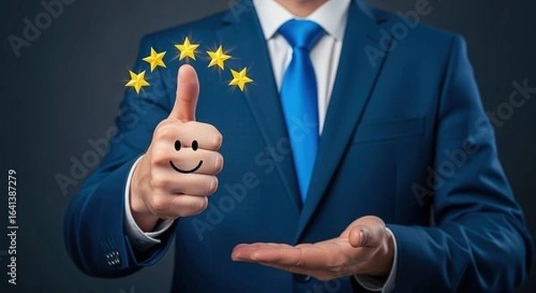 Fototapeta Excellent Business Feedback: Professional Man Giving Thumbs Up with Five Star Rating, Demonstrating Satisfaction