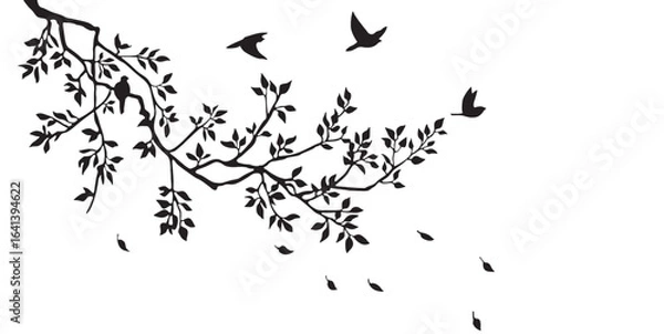 Fototapeta Elegant black silhouette tree branch with flying birds and falling leaves, minimalistic nature wall art, decorative vector illustration design