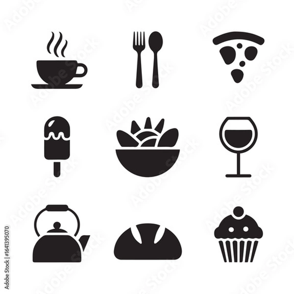 Fototapeta Collection of food and drink icons in black silhouette on white background  design