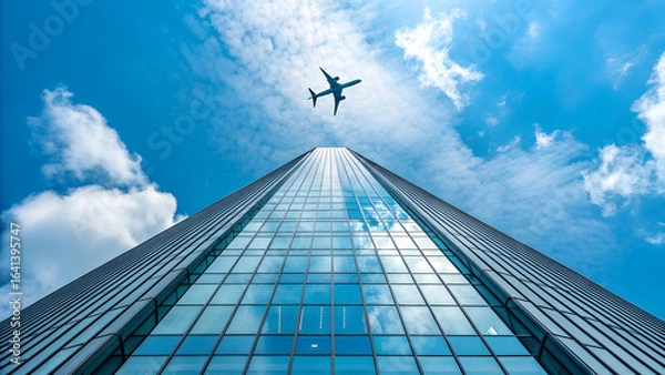 Fototapeta A Jetliner Flies over a Modern Skyscraper image. A low-angle, wide-shot photograph of a modern, glass skyscraper with a jetliner flying directly overhead against a clear blue sky with white clouds.