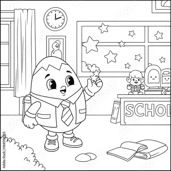 Obraz Cute egg-shaped character in a school classroom setting waving with books and toys around coloring page