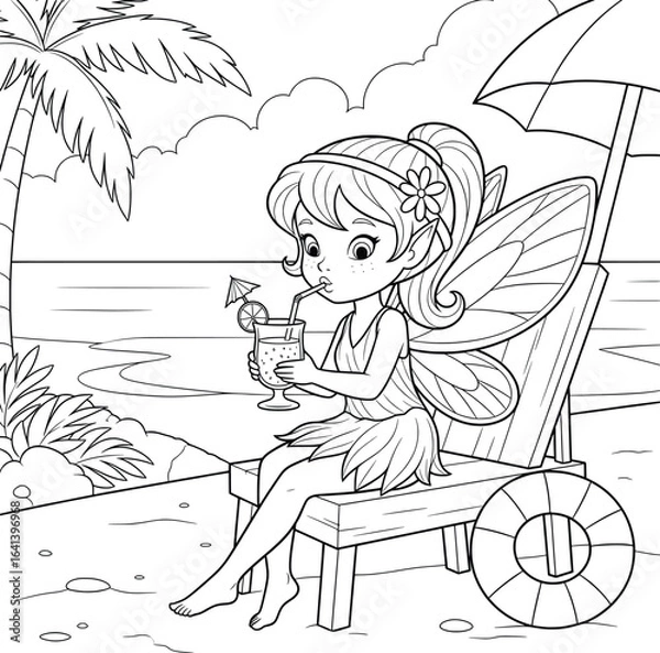 Obraz Cute fairy relaxing on a tropical beach chair while sipping a refreshing drink coloring page