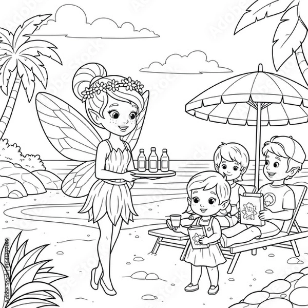 Obraz Adorable fairy serving drinks to friends relaxing on a tropical beach coloring page