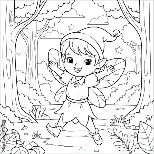 Fototapeta Cheerful fairy girl with wings dancing in an enchanted forest coloring page