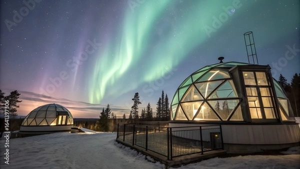 Fototapeta Glass igloo hotels under the northern lights in a snowy landscape at night with trees and stars