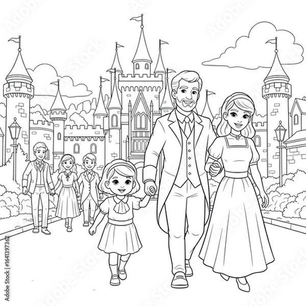 Obraz Royal family walking happily outside a grand castle with children for a charming black and white coloring book page
