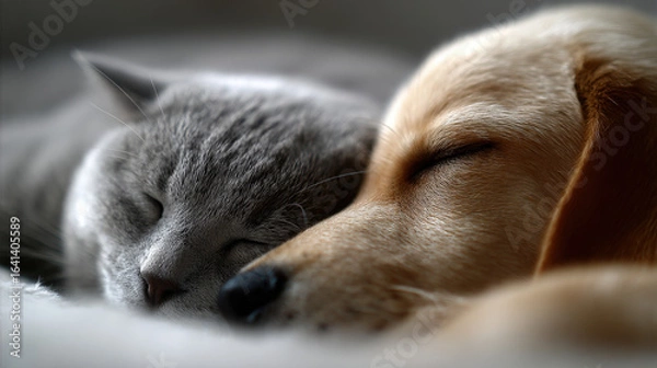 Fototapeta peaceful scene unfolds with calm cat and gentle dog sleeping side by side