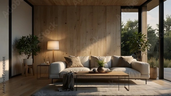 Obraz Sunlit modern living room with a wooden accent wall, a comfortable sofa, and large windows revealing a serene green landscape.