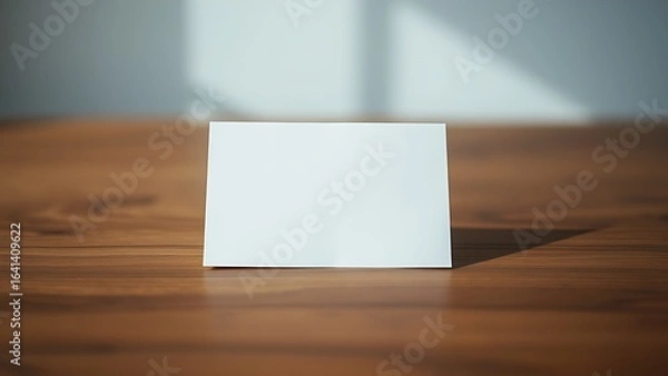 Fototapeta A blank notecard placed on a wooden desk with soft diffused lighting and shallow focus.