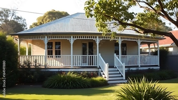Fototapeta Single-story Australian suburban house with a wide veranda, lush garden in soft afternoon light.