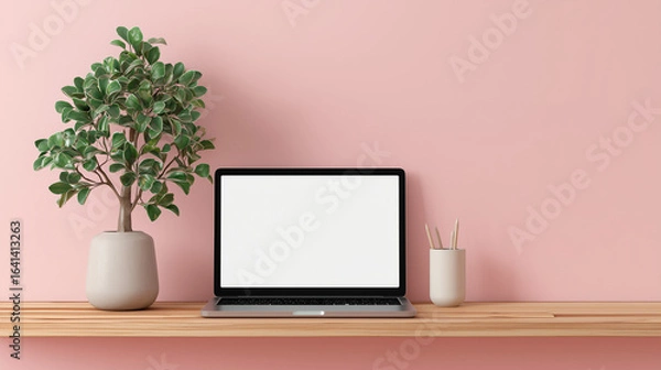 Fototapeta Minimalist workspace with laptop, plant, and stationery on wooden shelf against soft pink wall Generative AI