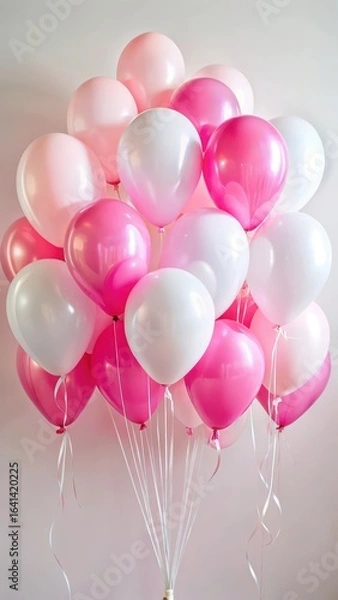 Fototapeta A cluster of pink and white balloons secured with ribbons in a bright and airy setting