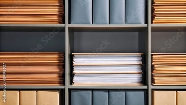 Fototapeta Organized Books and Documents on Shelves in a Modern Office Workspace with Textured Folders and Bindings