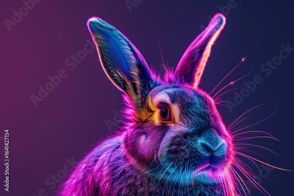Obraz Studio portrait of a rabbit bathed in colorful neon light, creating a vibrant and artistic effect