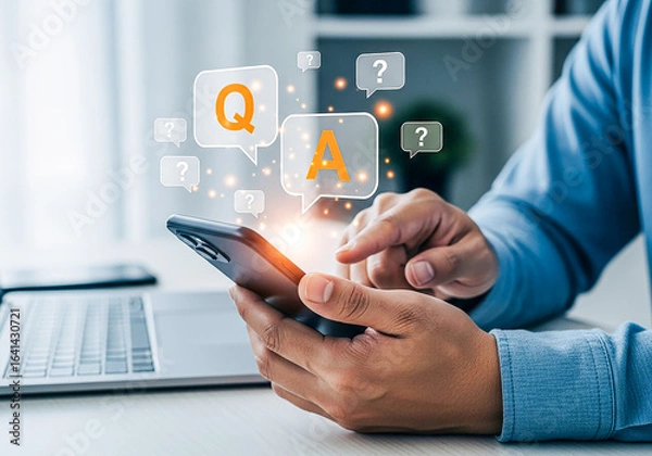 Fototapeta Man using smartphone with interactive q and a icons floating above