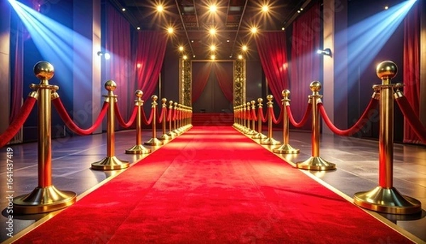 Obraz A glamorous red carpet pathway lined with golden stanchions and ropes