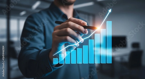Fototapeta Confident professional analyzes upward trending financial graph with digital stylus in modern office setting
