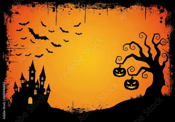 Fototapeta Spooky halloween scene with haunted castle and jackolanterns