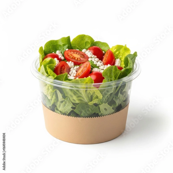 Fototapeta Fresh salad in a clear plastic container isolated on white background