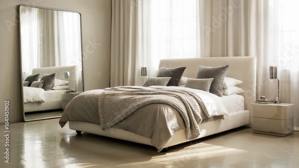 Fototapeta Elegant Scandinavian bedroom featuring a white bed with silver accents and cozy throw. Minimalist bedside table and metallic framed mirror reflect gentle daylight, concept of home decor