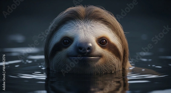 Fototapeta  Close-up of a peaceful adult sloth’s head and upper body emerging from dark murky water, coarse brownish-gray fur with slight wetness, large gentle eyes, and soft lighting highlighting its tranquil 
