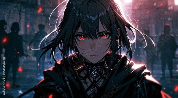 Fototapeta A dark-haired woman with glowing red eyes, set against a chaotic urban background with shadowy figures