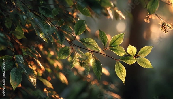 Fototapeta Close-up bokeh sinar matahari hangat yang bersinar melalui dedaunan hutan hijau
