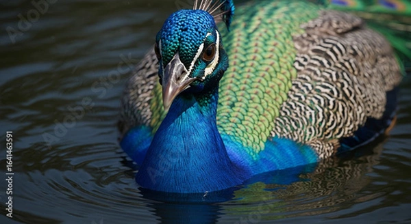 Fototapeta  Close-up of a majestic adult peacock’s head and upper body emerging from dark murky water, vibrant iridescent blue and green feathers with gold highlights, sharp beak, and dramatic lighting emphasizi