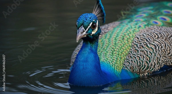 Fototapeta  Close-up of a majestic adult peacock’s head and upper body emerging from dark murky water, vibrant iridescent blue and green feathers with gold highlights, sharp beak, and dramatic lighting emphasizi