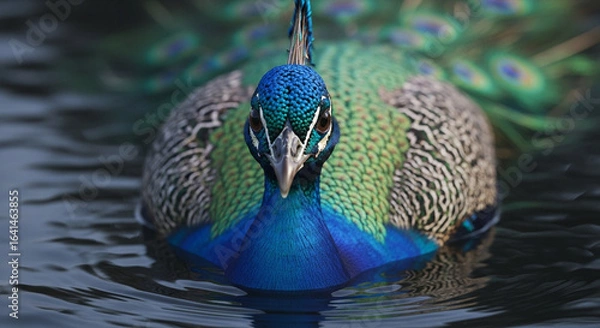 Fototapeta  Close-up of a majestic adult peacock’s head and upper body emerging from dark murky water, vibrant iridescent blue and green feathers with gold highlights, sharp beak, and dramatic lighting emphasizi
