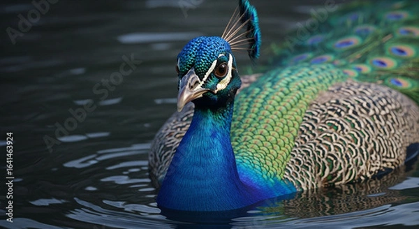 Fototapeta  Close-up of a majestic adult peacock’s head and upper body emerging from dark murky water, vibrant iridescent blue and green feathers with gold highlights, sharp beak, and dramatic lighting emphasizi