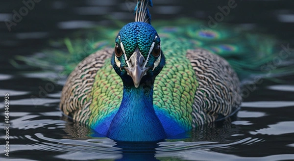 Fototapeta  Close-up of a majestic adult peacock’s head and upper body emerging from dark murky water, vibrant iridescent blue and green feathers with gold highlights, sharp beak, and dramatic lighting emphasizi