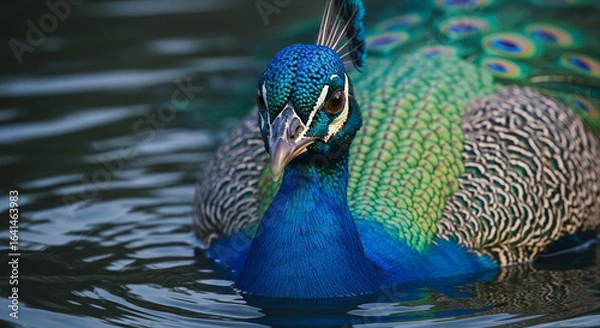 Fototapeta  Close-up of a majestic adult peacock’s head and upper body emerging from dark murky water, vibrant iridescent blue and green feathers with gold highlights, sharp beak, and dramatic lighting emphasizi